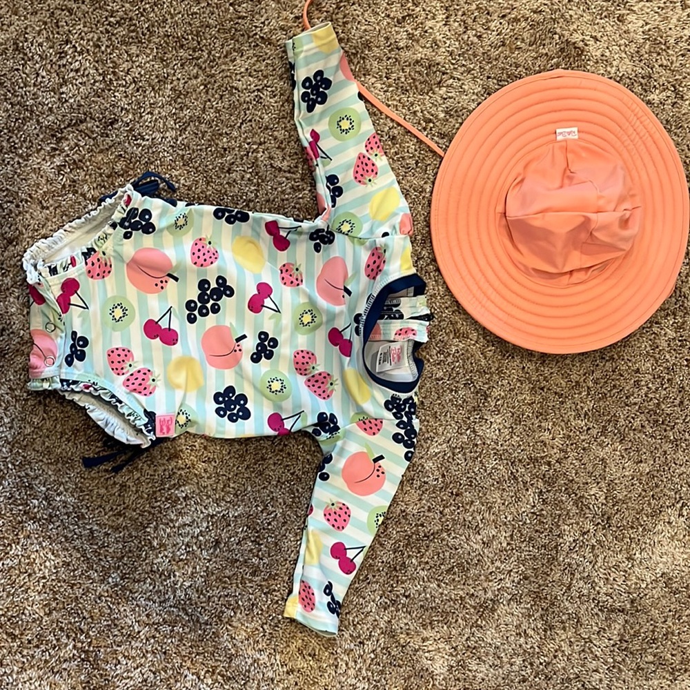 Rufflebutts baby bathing suit and coordinating hat